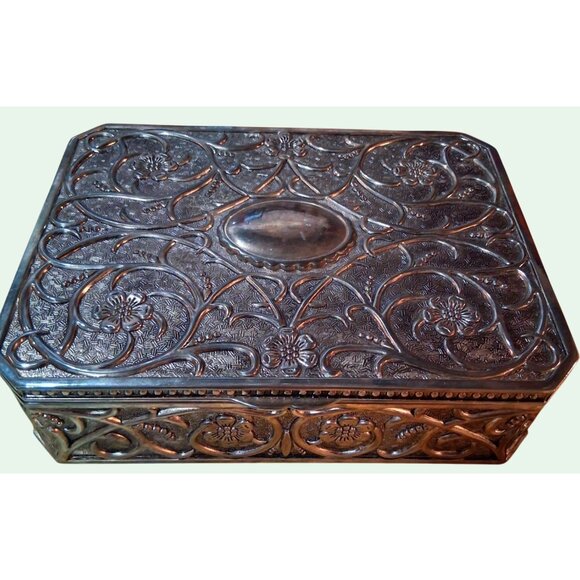 Vintage Silver-Tone Ornate Jewelry Box With Red Velvet Interior & Dividers - Picture 2 of 12